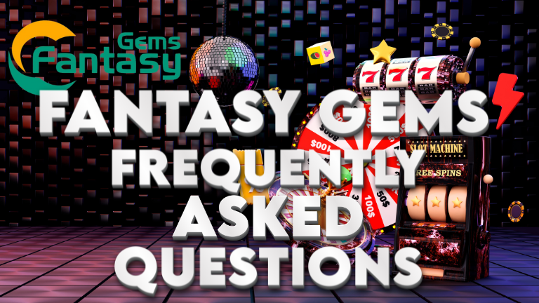 FAQ page for Fantasy Gems with easy-to-read questions and answers, featuring icons for registration, security, and support.